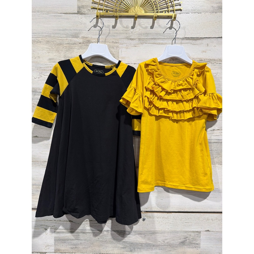 Sew‎ Sassy Dress Top Set Girls 8 Yellow Black Striped Ruffle Boutique EUC
